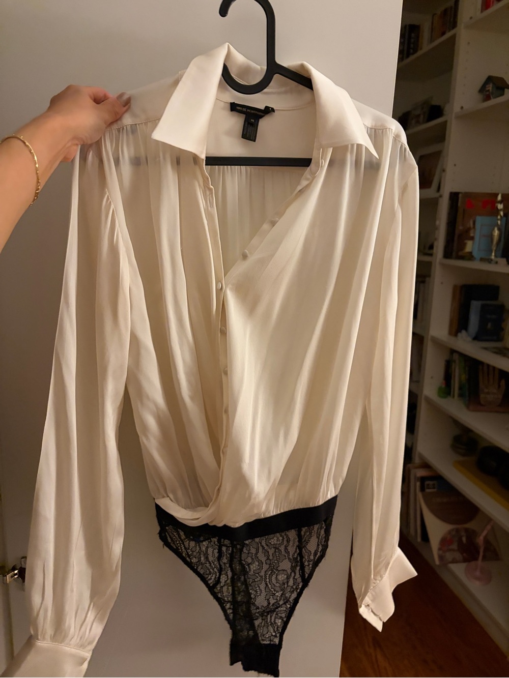 Kiki De Montparnasse Silk Ivory Button-Front Lace Bodysuit